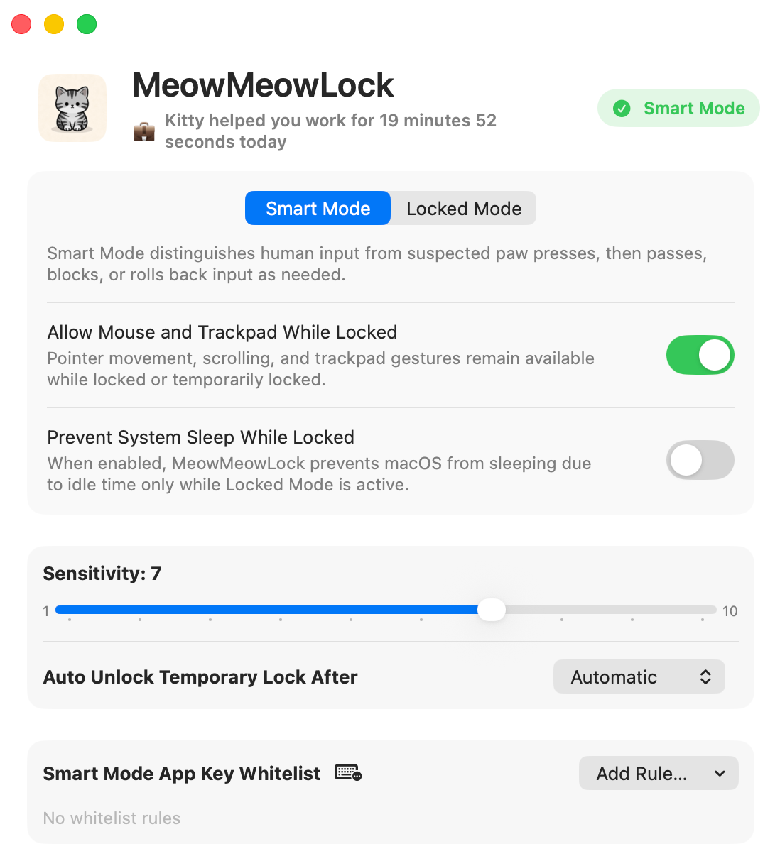 MeowMeowLock settings window showing Smart Mode, sensitivity, and the app key whitelist