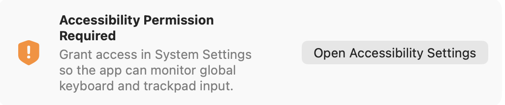 Accessibility Permission Required panel with a button to open Accessibility settings