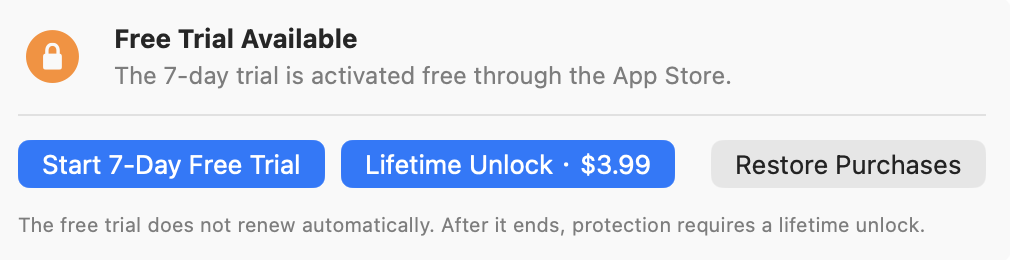 Free Trial Available panel with buttons to start a 7-day trial, unlock lifetime access, or restore purchases